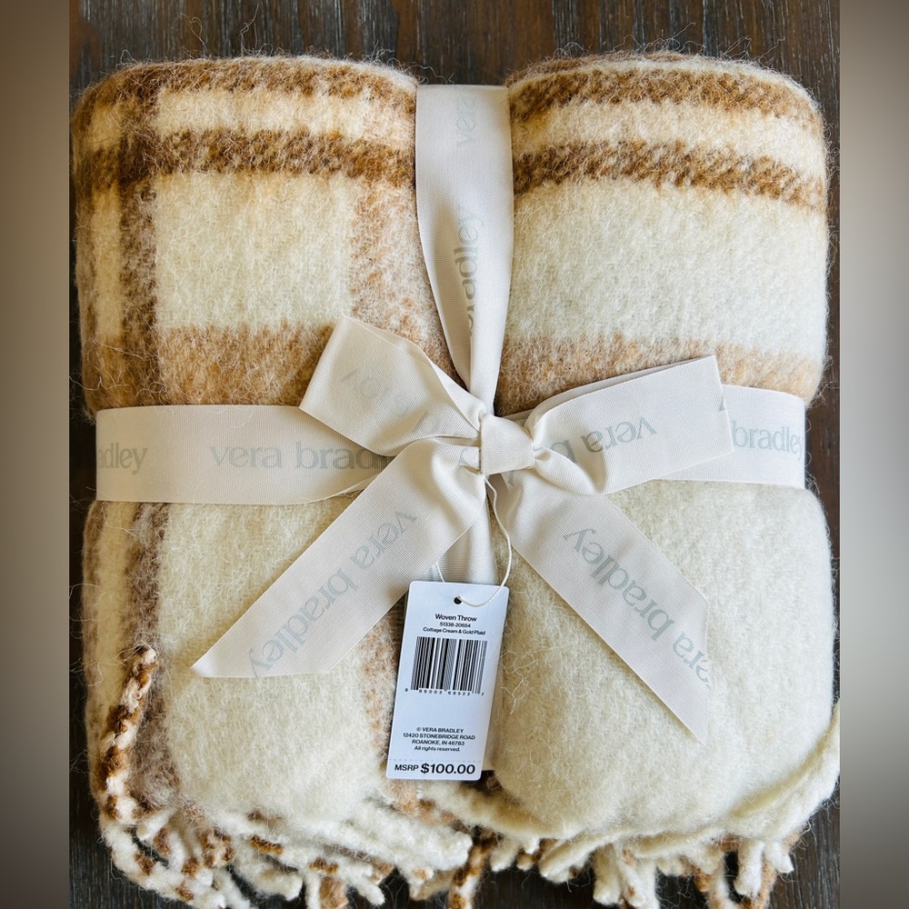 NWT Woven Wool Blend Throw Blanket Fringe Trim 50x70 Cream and Gold Plaid - Picture 2 of 7